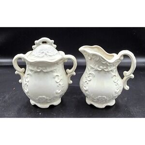 Napco Creamy White French Provincial Porcelain Embossed Floral Sugar Creamer Set